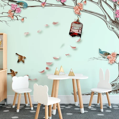 Sarkan Dallar Üzerindeki Hayvanlı Çocuk Odası Posteri