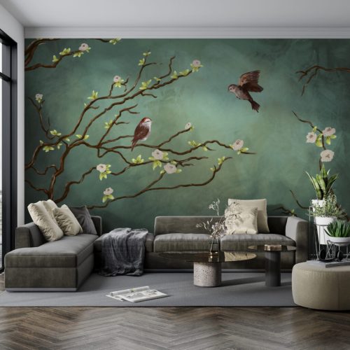 Sarkan Dallar Üzerindeki Kuşlu Tropik Duvar Kağıdı