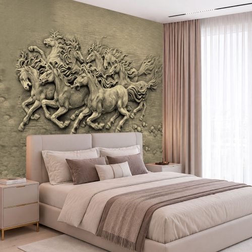Koşan Atlar Duvar Kağıdı - 3D Modern Bej Taş Rölyef Tasarımı