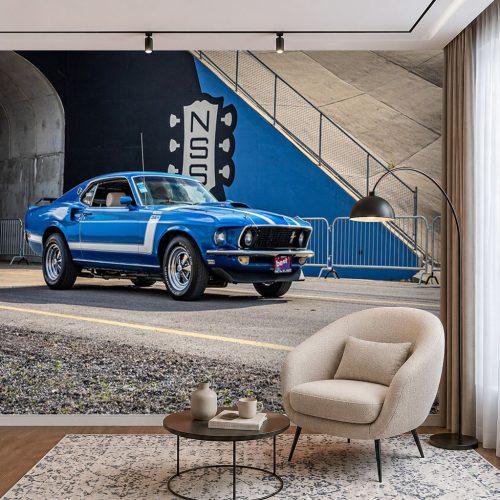 3D Mavi Klasik Araba Duvar Kağıdı - Amerikan Mustang Poster