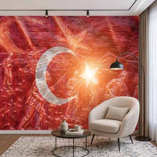 3D Türk Bayrağı ve Kurtuluş Savaşı Temalı Duvar Kağıdı - Rölyef Görünümlü, Tarihi ve Lüks Salon Posteri