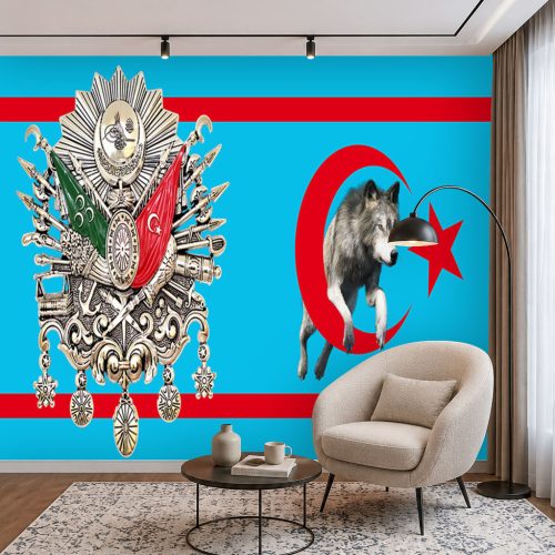 3D Osmanlı Arması ve Kurt Figürlü Duvar Kağıdı - Ay Yıldız Temalı, Tarihi ve Lüks Salon Posteri