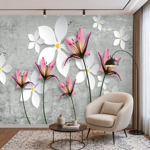 3D Zambak Duvar Kağıdı - Gri Beton Zeminli Pembe Çiçekli Salon Posteri