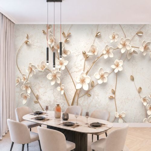 3D Mermer Duvar Kağıdı - Fildişi Zeminli Gold Dallı Kabartma Çiçekli Salon Posteri