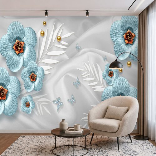3D Mavi Çiçekli Duvar Kağıdı - Saten Zeminli Kristal Kelebekli Salon Posteri