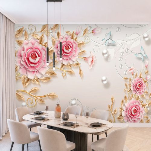 3D Pembe Çiçekli Duvar Kağıdı - Gold Yapraklı İncili Yemek Odası Posteri
