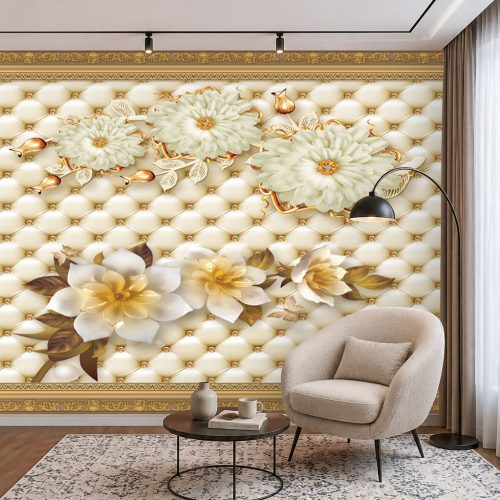 Kapitone Desenli Duvar Kağıdı - 3D Mücevher Çiçekli Avangart Salon Posteri