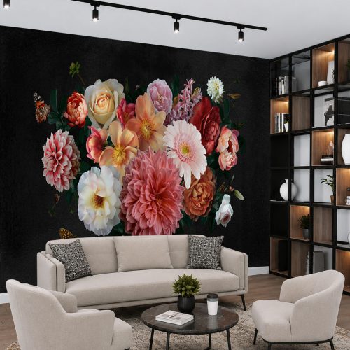 Siyah Fonlu Duvar Kağıdı - 3D Yağlı Boya Çiçek Desenli Salon Posteri