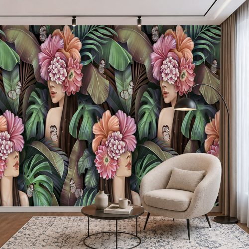 Egzotik Kadın Duvar Kağıdı - 3D Çiçek Saçlı Modern Salon Posteri