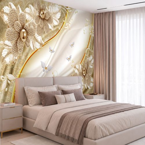 3D Koridor Duvar Kağıdı - Gold Çizgili Krem Perspektif Salon Posteri