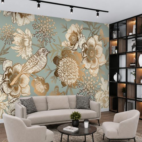 Adaçayı Yeşili Duvar Kağıdı - Gravür Tarzı Altın Işıltılı Kuşlu Salon Posteri