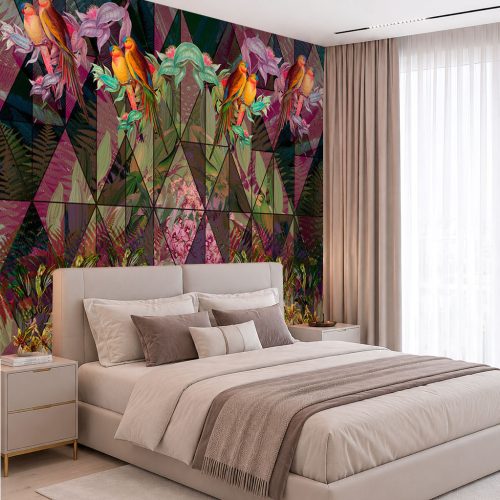 Tropikal Papağan Duvar Kağıdı - 3D Geometrik Kristal Desenli Yatak Odası Posteri