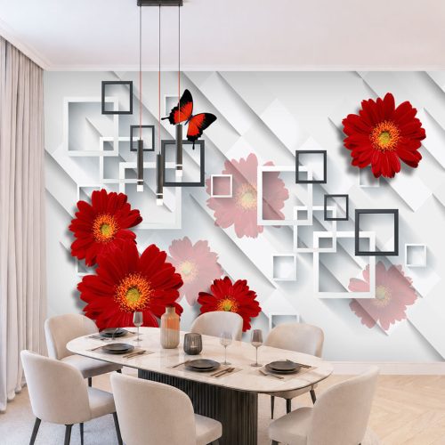 3D Geometrik Duvar Kağıdı - Kırmızı Çiçekli Kare Desenli Yemek Odası Posteri