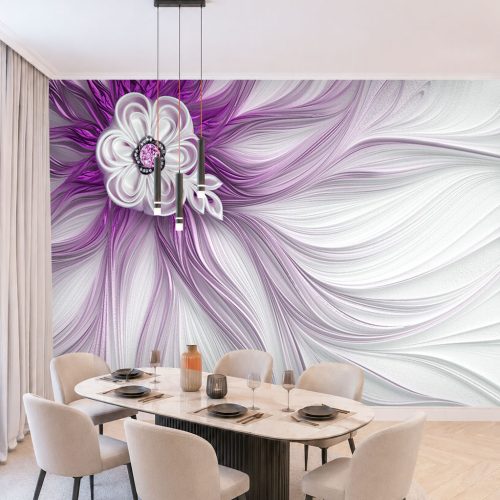 3D Fraktal Duvar Kağıdı - Mor Çiçekli Akışkan Desenli Yemek Odası Posteri