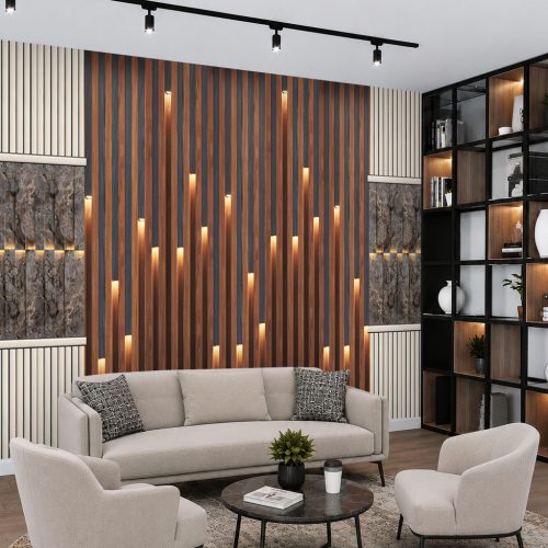 3D Işıklı Ahşap Duvar Kağıdı - Mermer Panelli Salon Posteri