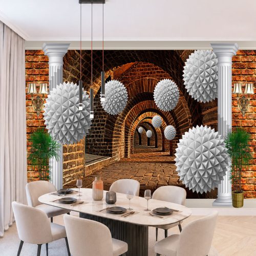 3D Tuğla Kemerli Duvar Kağıdı - Beyaz Sütunlu Kristal Küreli Salon Posteri