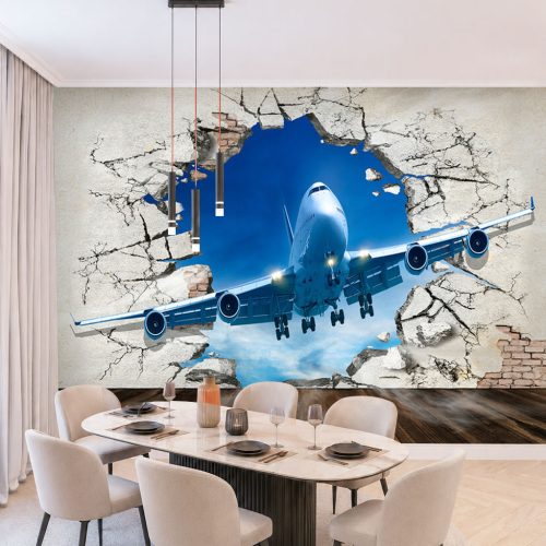 3D Kırık Duvar Uçak Duvar Kağıtı - Gökyüzü Manzaralı Modern Poster