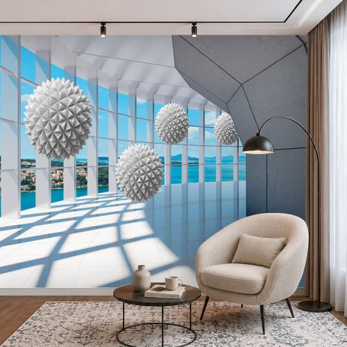 3D Fütüristik Plaza Duvar Kağıdı - Geometrik Küreli Deniz Manzaralı Poster