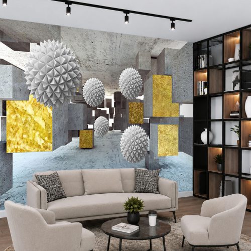 3D Endüstriyel Beton Duvar Kağıdı - Altın Varaklı Küreli Salon Posteri