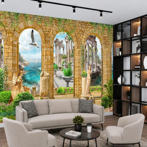 3D Antik Taş Kemer Duvar Kağıdı - Deniz Manzaralı Roma Sütunlu Salon Posteri
