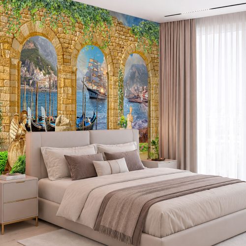 3D Antik Taş Kemer Duvar Kağıdı - Gemi Manzaralı Venedik Gondollu Yatak Odası Posteri