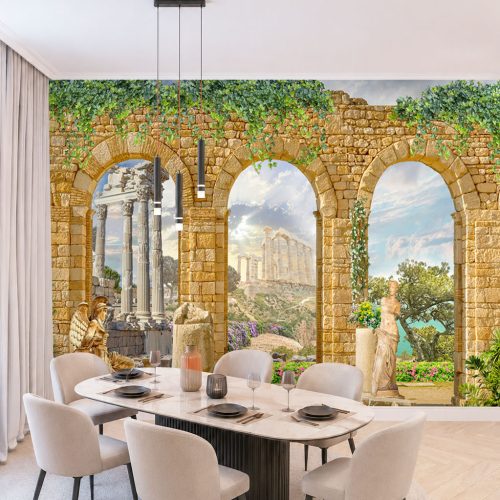 3D Antik Taş Kemer Duvar Kağıdı - Tapınak Manzaralı Roma Sütunlu Salon Posteri