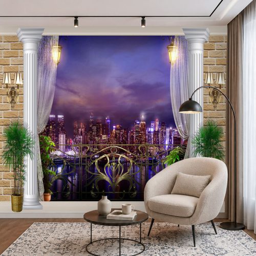 3D Gece Şehri Duvar Kağıdı - Işıklı Gökdelen Balkonlu Salon Posteri