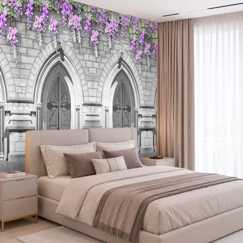 Çiçekli Poster 3D Mor Salkımlı Taş Kemerli Duvar Kağıdı