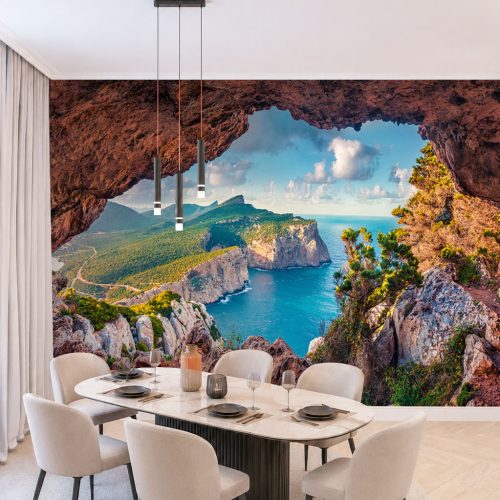 Manzara Posteri 3D Mağara Ağzı ve Deniz Kıyısı Duvar Kağıdı