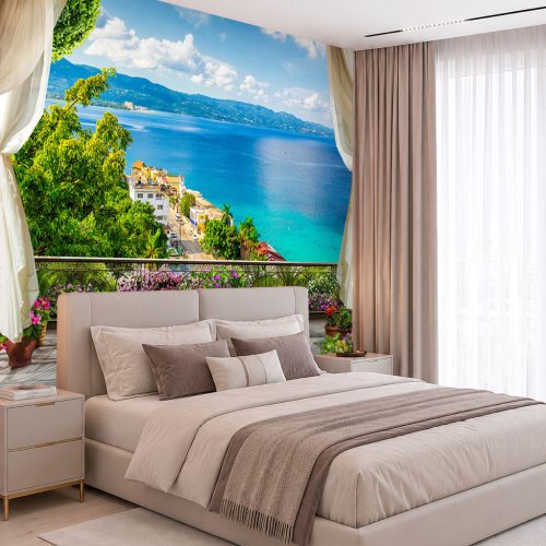 Manzara Posteri 3D Balkon, Deniz ve Sahil Kasabası Duvar Kağıdı