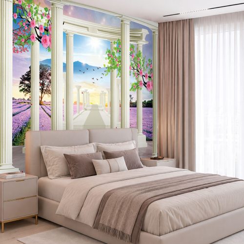Altın Çiçekli Duvar Kağıdı - 3D Dairesel Tünel Desenli Yatak Odası Posteri