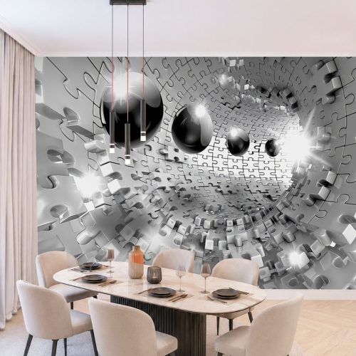 3D Metalik Yapboz Duvar Kağıdı - Parlak Siyah Küreli Tünel Posteri