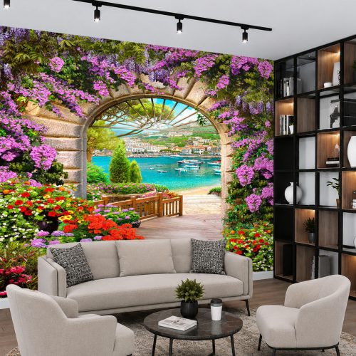 3D Begonvilli Kemer Duvar Kağıdı - Koy ve Tekne Manzaralı Salon Posteri