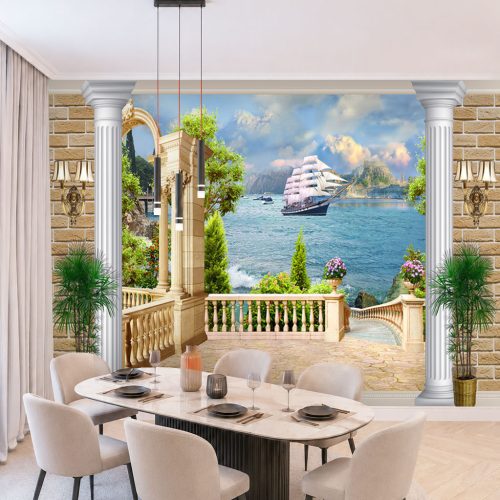 3D Tuğla Desenli Duvar Kağıdı - Yelkenli Gemi Manzaralı Sütunlu Yemek Odası Posteri