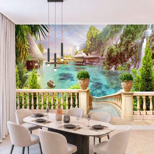 3D Balkonlu Teras Duvar Kağıdı - Bungalov ve Tropikal Lagün Manzaralı Yemek Odası Posteri