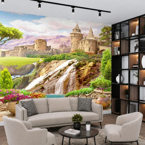 3D Taş Teras Duvar Kağıdı - Kale ve Şelale Manzaralı Salon Posteri
