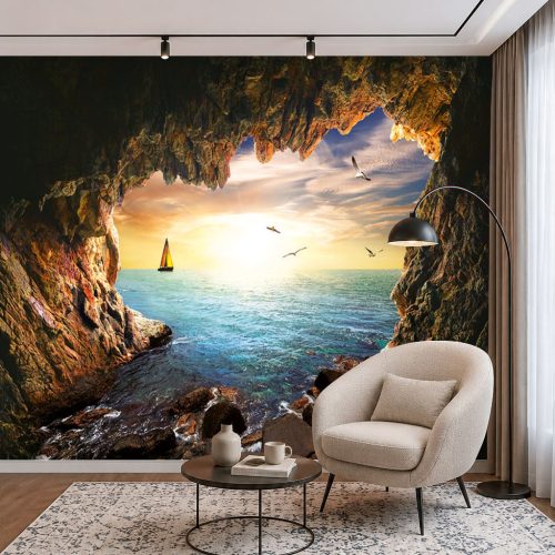 3D Mağara Duvar Kağıdı - Gün Batımı ve Yelkenli Deniz Manzaralı Salon Posteri