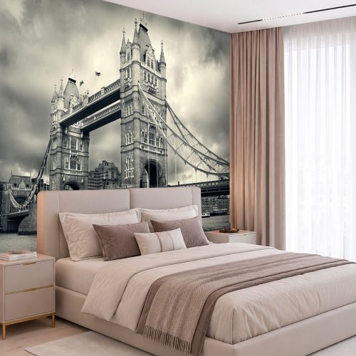 3D Londra Köprüsü Duvar Kağıdı - Siyah-Beyaz Şehir Manzaralı Yatak Odası Posteri