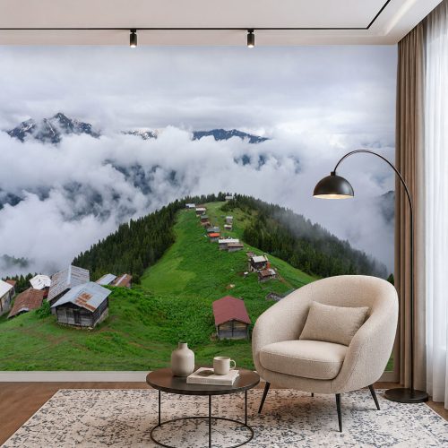 3D Yayla Manzaralı Duvar Kağıdı - Sisli Vadiler, Karlı Dağ ve Geleneksel Yayla Evleri Posteri