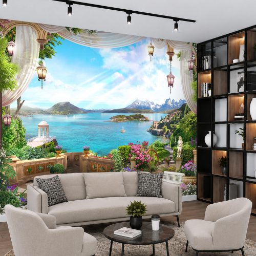 3D Deniz Manzaralı Duvar Kağıdı - Perde Efektli, Tarihi Bahçe ve Akdeniz Salon Posteri
