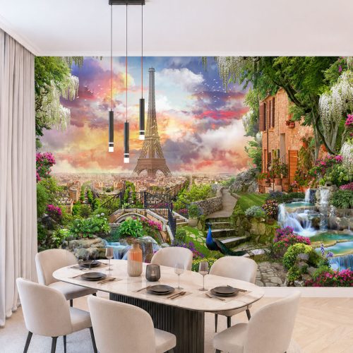 3D Eyfel Kulesi Duvar Kağıdı - Romantik Bahçe, Şelale ve Paris Şehir Manzaralı Yemek Odası Posteri