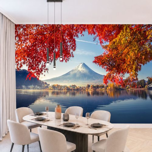 3D Fuji Dağı Duvar Kağıdı - Kızıl Akçaağaç Yaprakları ve Göl Manzaralı Yemek Odası Posteri
