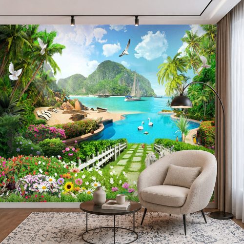 3D Tropikal Plaj ve Bahçe Duvar Kağıdı - Palmiye, Havuz ve Doğa Manzaralı Modern Salon Posteri