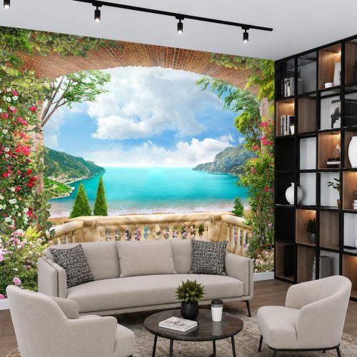3D Balkon ve Deniz Manzaralı Duvar Kağıdı - Tuğla Kemerli, Çiçekli ve Modern Salon Posteri