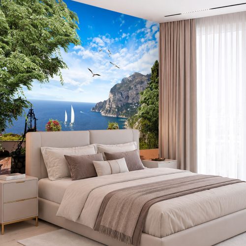 3D Deniz ve Yelkenli Duvar Kağıdı - Ege Kıyıları Manzaralı, Modern ve Ferah Yatak Odası Posteri