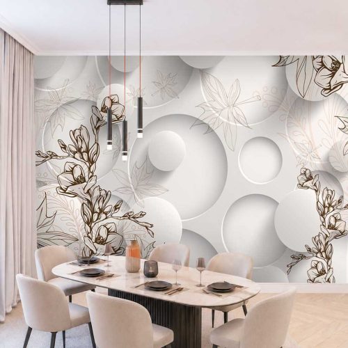 3D Çiçek ve Daire Desenli Modern Duvar Kağıdı - Minimalist ve Ferah Yemek Odası Posteri