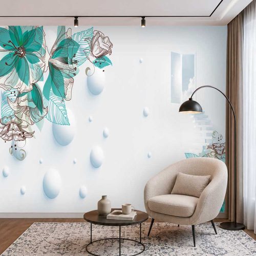 3D Turkuaz Çiçekli ve Küre Desenli Modern Duvar Kağıdı - Ferah Salon Posteri