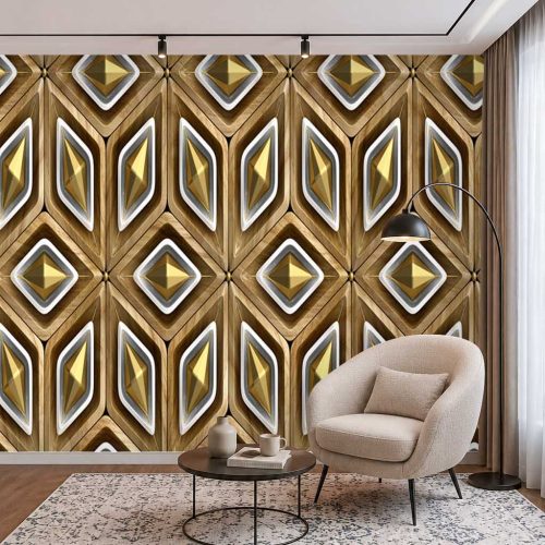 3D Altın ve Ahşap Dokulu Geometrik Modern Duvar Kağıdı - Lüks ve İhtişamlı Salon Posteri