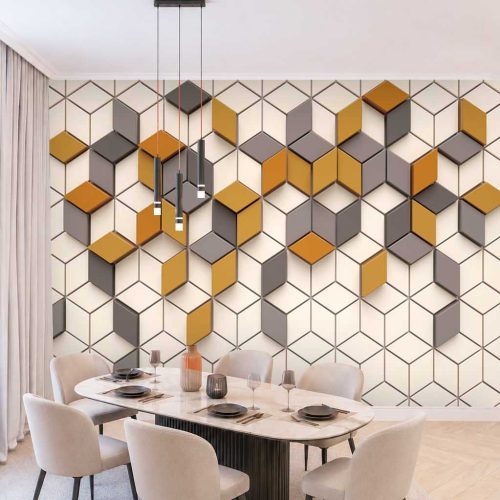 3D Sarı ve Gri Küp Desenli Modern Duvar Kağıdı - Ferah ve Estetik Yemek Odası Posteri