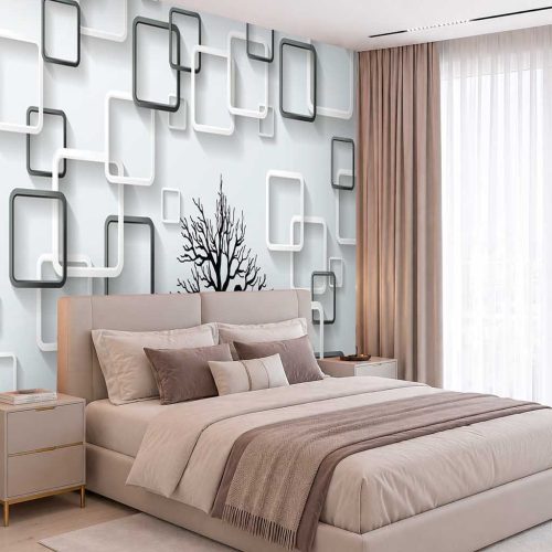 3D Geometrik Çerçeve ve Ağaç Silüetli Modern Duvar Kağıdı - Minimalist ve Ferah Yatak Odası Posteri